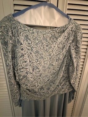 MARINA Light Blue Sequined Lace Evening Blouse